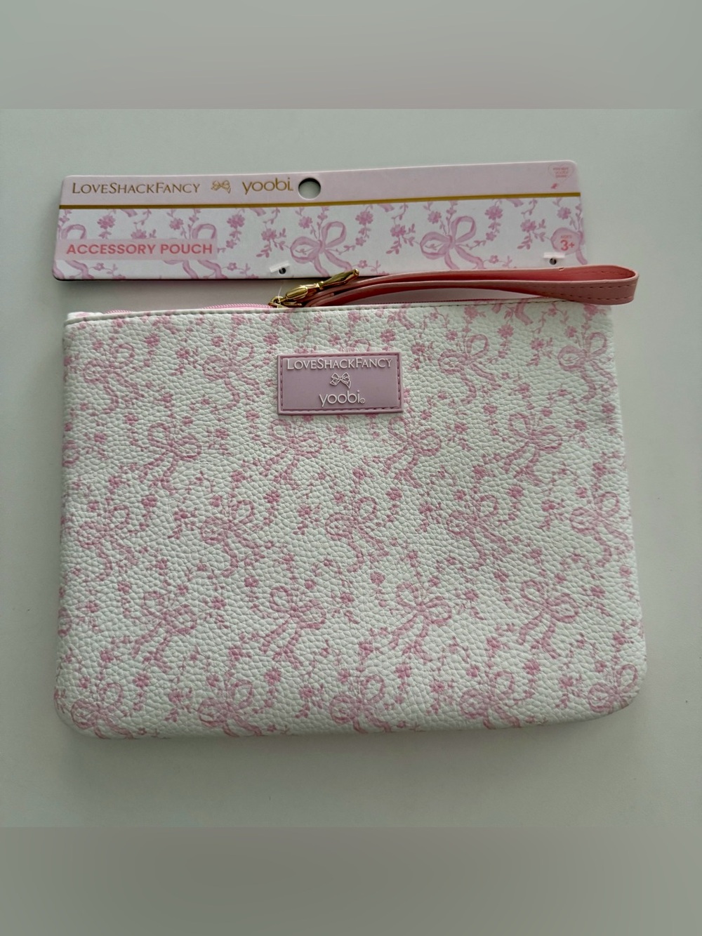 LoveShackFancy x Yoobi Coquette Bow Pink Flat Zip Accessory Pouch with Strap